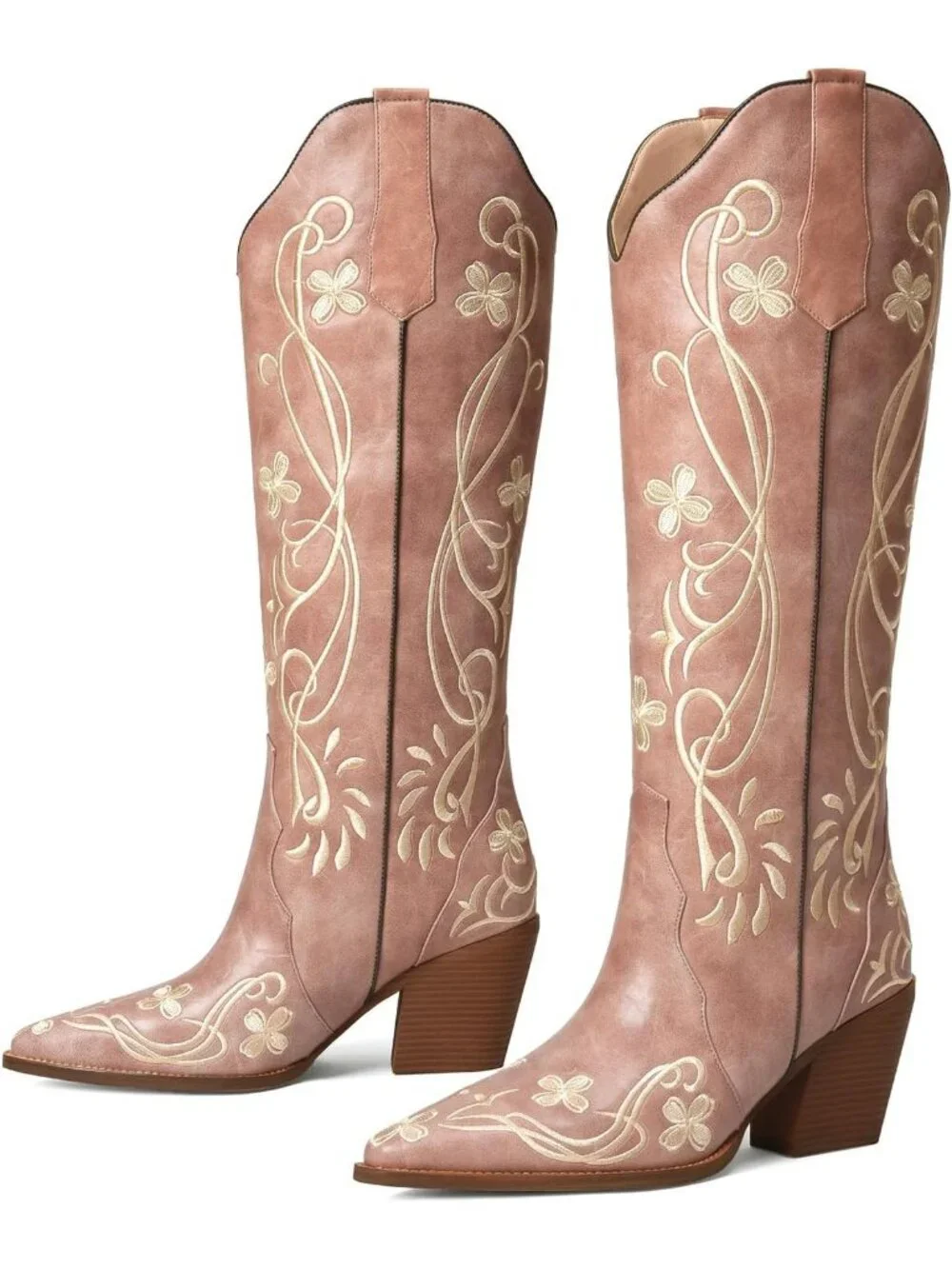Women's Vintage Pink pu Knee High Floral Embroidered Vintage Cowgirl Boots